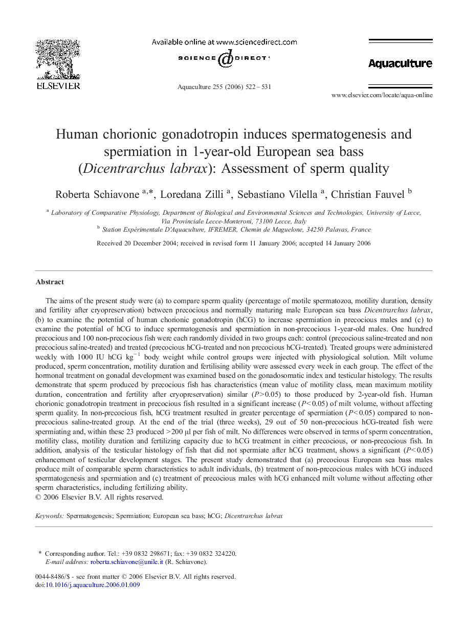 Human chorionic gonadotropin induces spermatogenesis and spermiation in 1-year-old European sea bass (Dicentrarchus labrax): Assessment of sperm quality