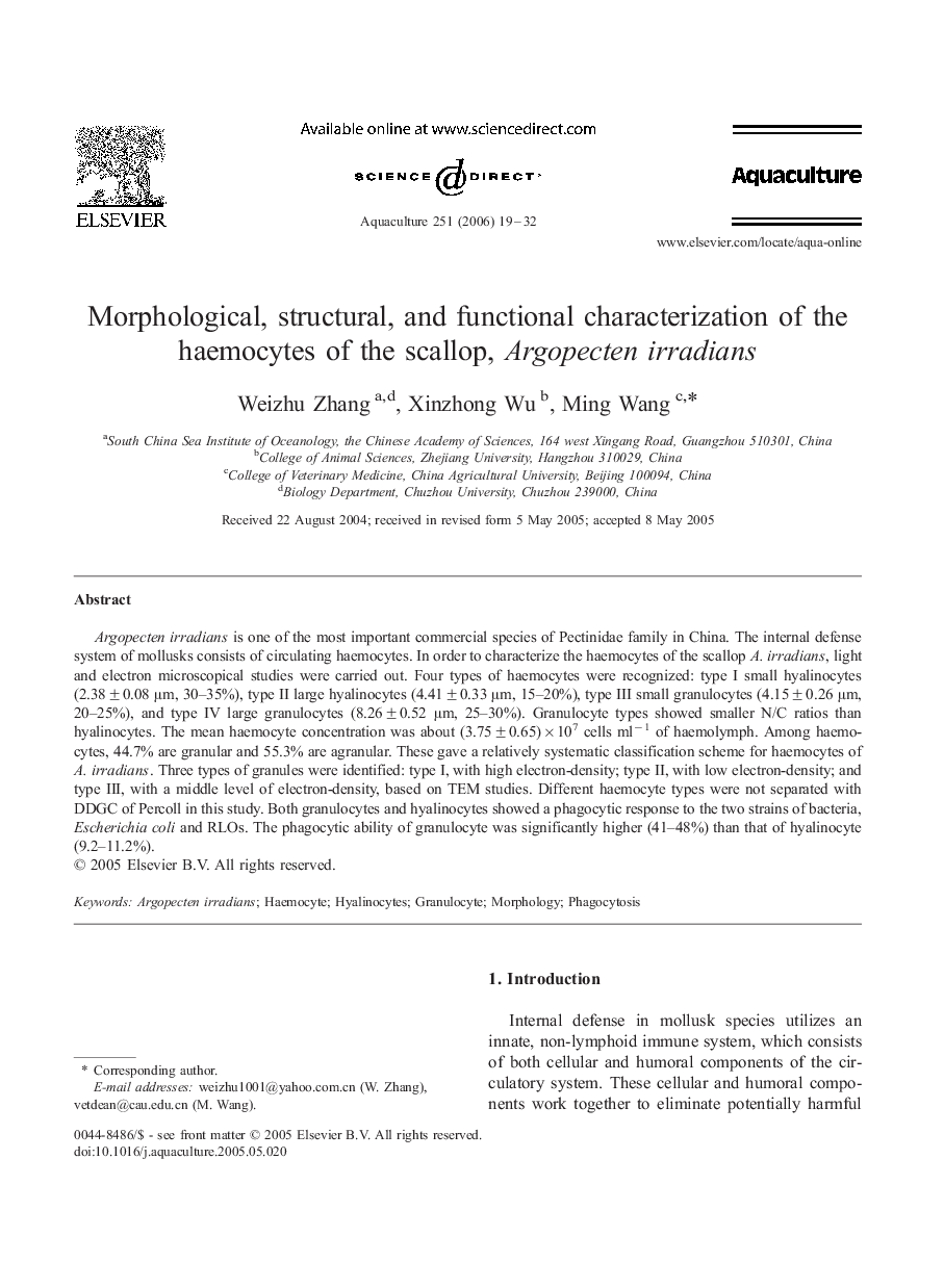 Morphological, structural, and functional characterization of the haemocytes of the scallop, Argopecten irradians