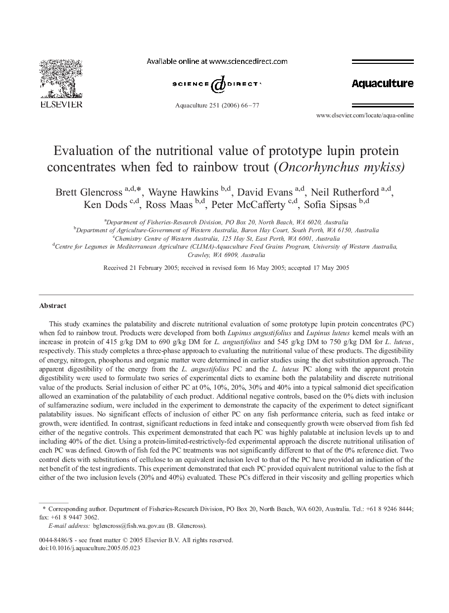 Evaluation of the nutritional value of prototype lupin protein concentrates when fed to rainbow trout (Oncorhynchus mykiss)