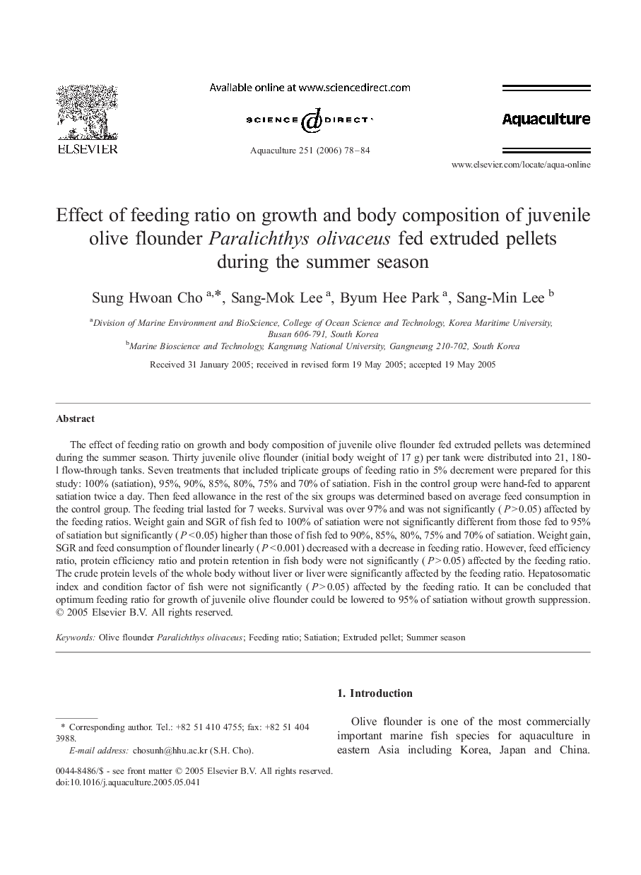 Effect of feeding ratio on growth and body composition of juvenile olive flounder Paralichthys olivaceus fed extruded pellets during the summer season