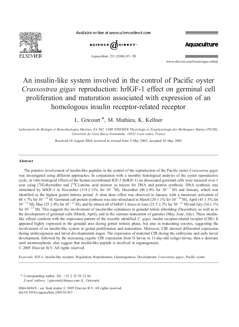 An insulin-like system involved in the control of Pacific oyster Crassostrea gigas reproduction: hrIGF-1 effect on germinal cell proliferation and maturation associated with expression of an homologous insulin receptor-related receptor