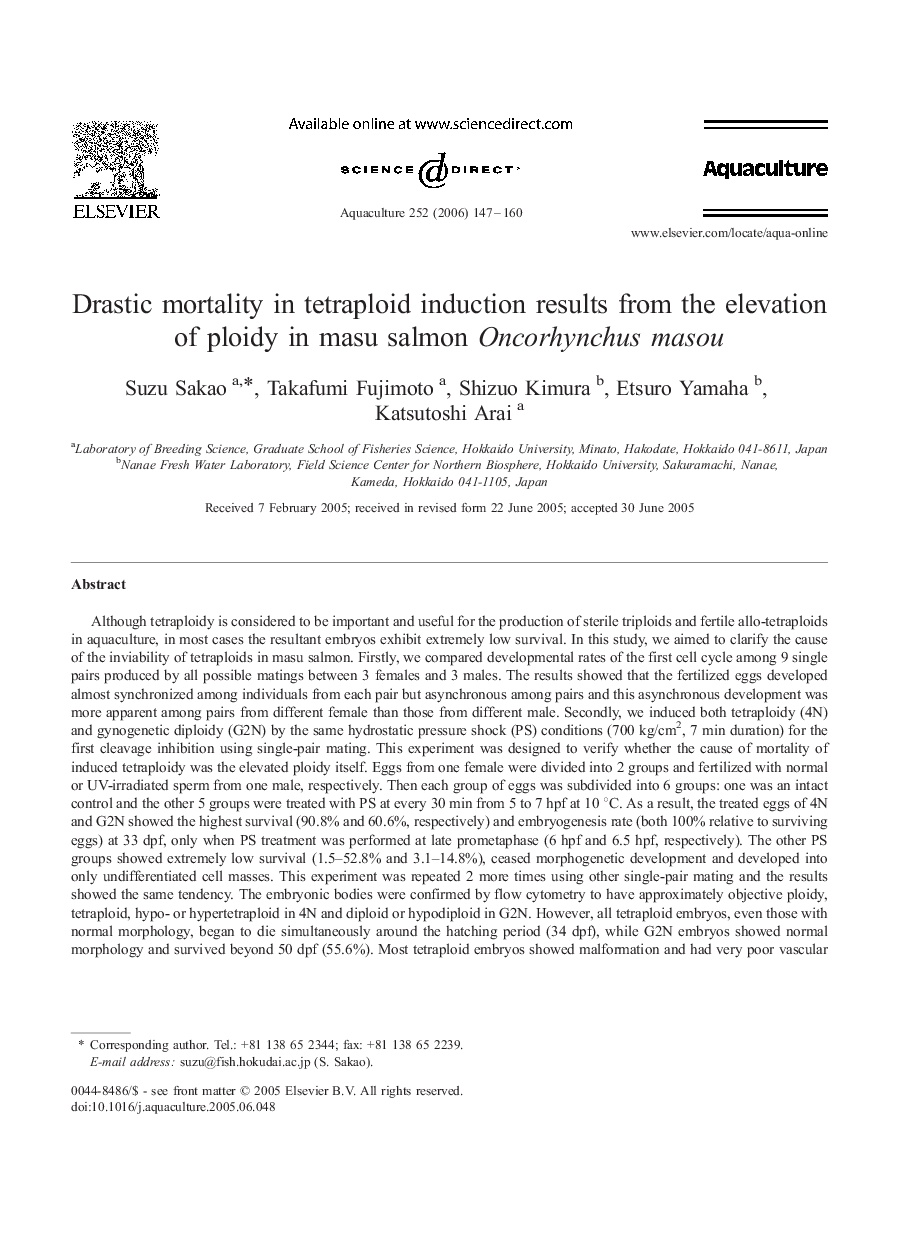 Drastic mortality in tetraploid induction results from the elevation of ploidy in masu salmon Oncorhynchus masou