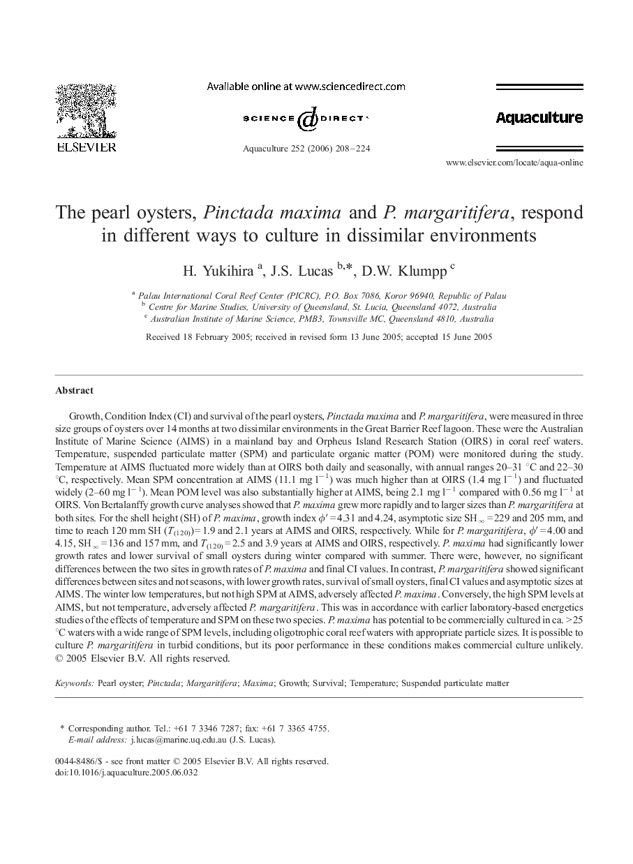 The pearl oysters, Pinctada maxima and P. margaritifera, respond in different ways to culture in dissimilar environments