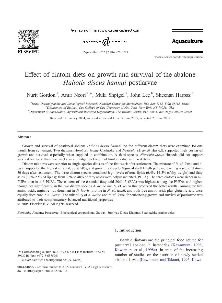 Effect of diatom diets on growth and survival of the abalone Haliotis discus hannai postlarvae