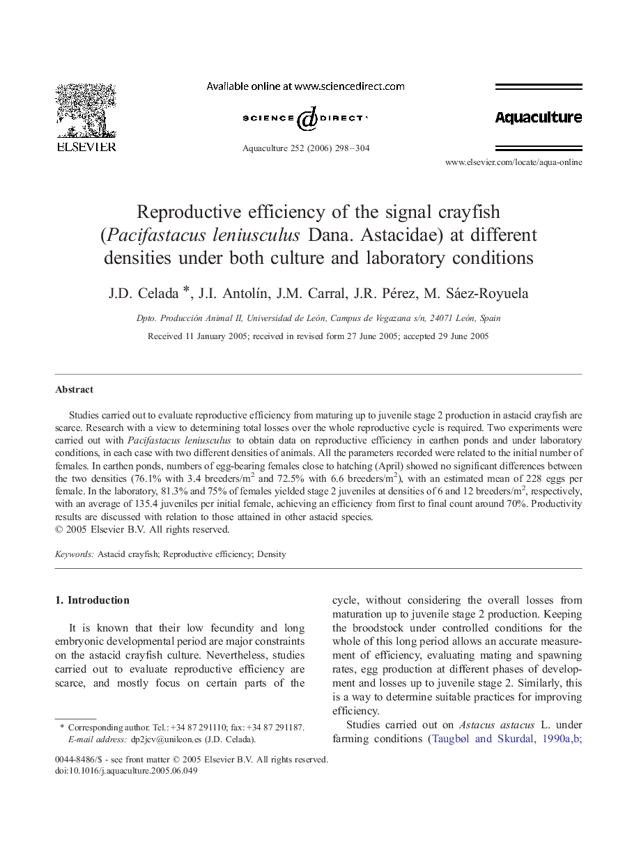 Reproductive efficiency of the signal crayfish (Pacifastacus leniusculus Dana. Astacidae) at different densities under both culture and laboratory conditions