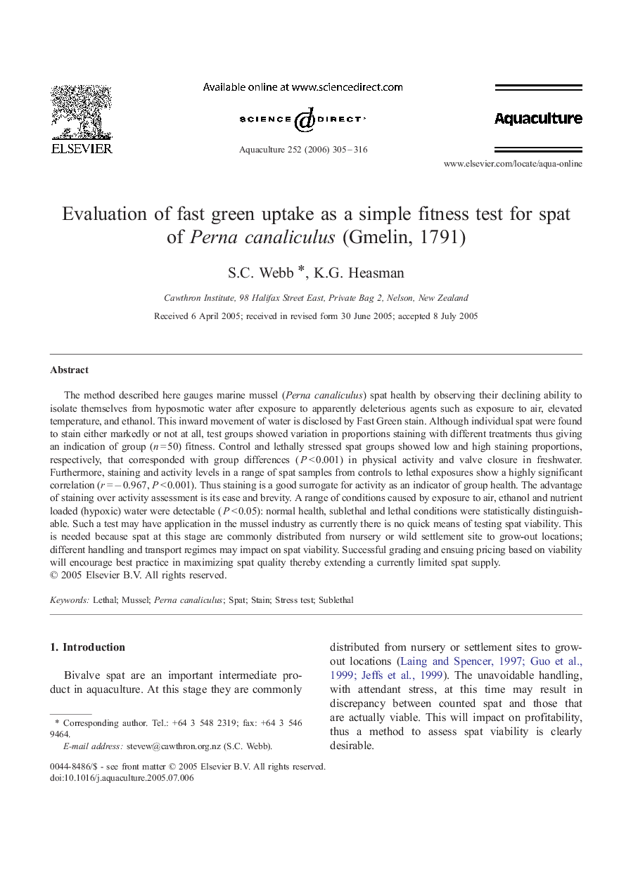 Evaluation of fast green uptake as a simple fitness test for spat of Perna canaliculus (Gmelin, 1791)