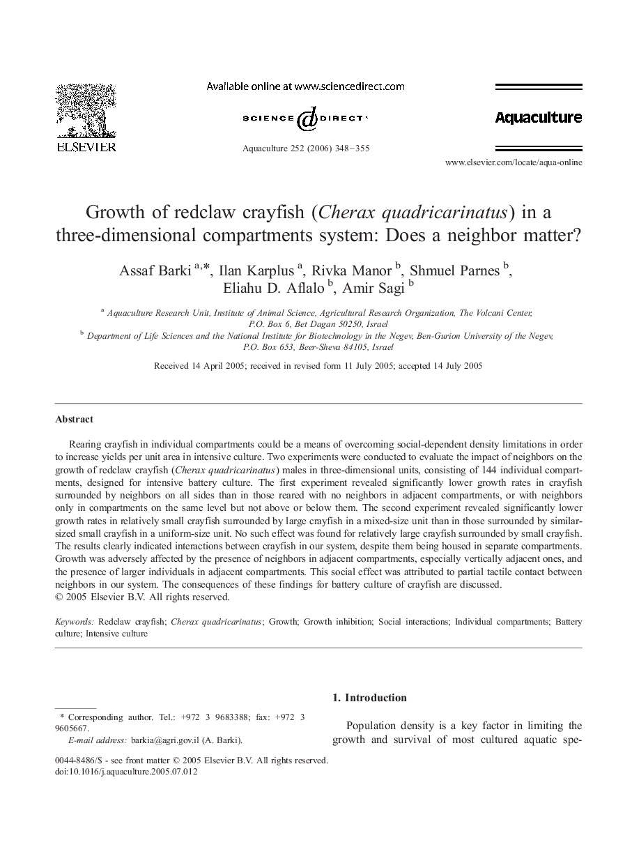 Growth of redclaw crayfish (Cherax quadricarinatus) in a three-dimensional compartments system: Does a neighbor matter?