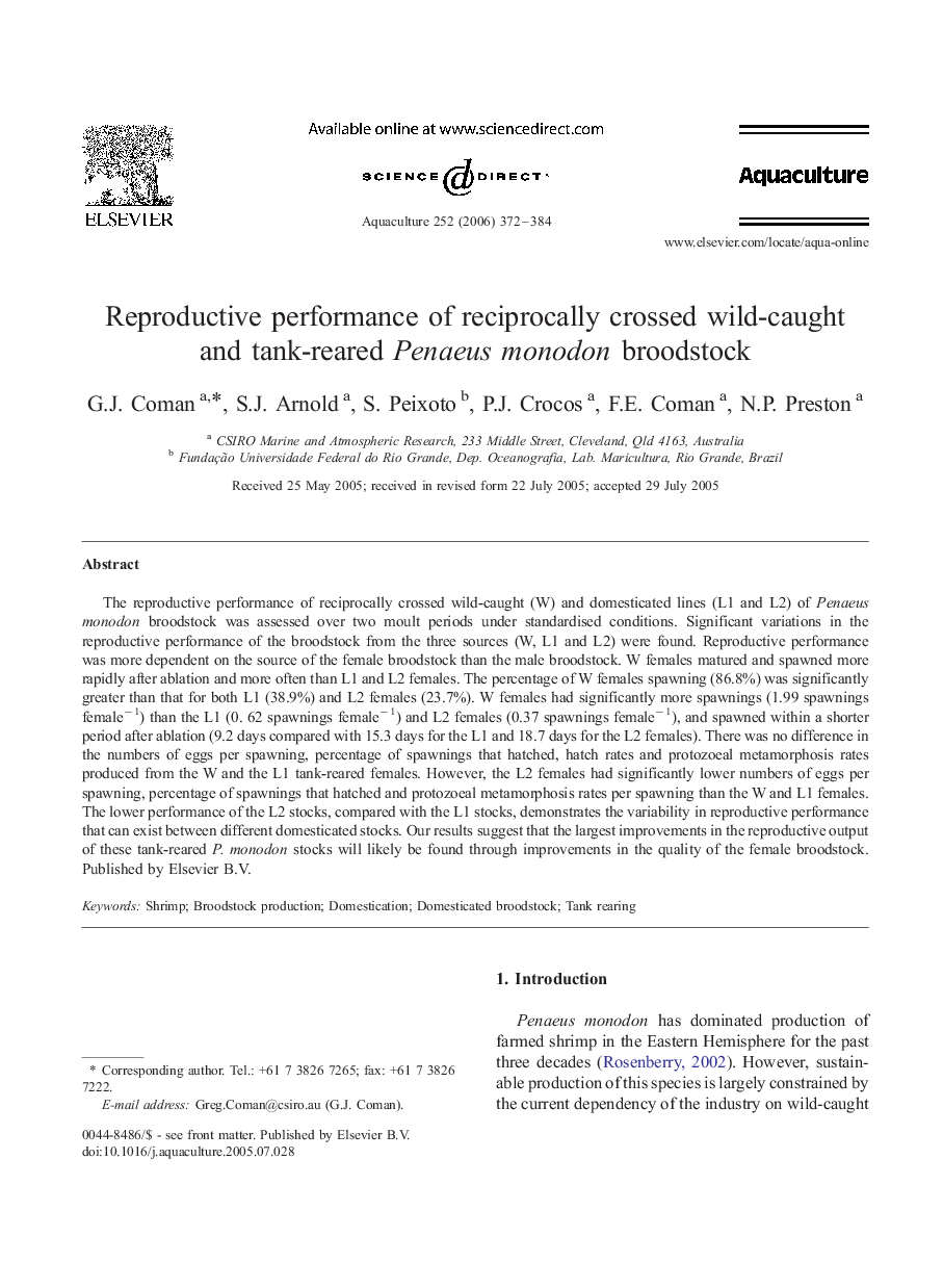 Reproductive performance of reciprocally crossed wild-caught and tank-reared Penaeus monodon broodstock