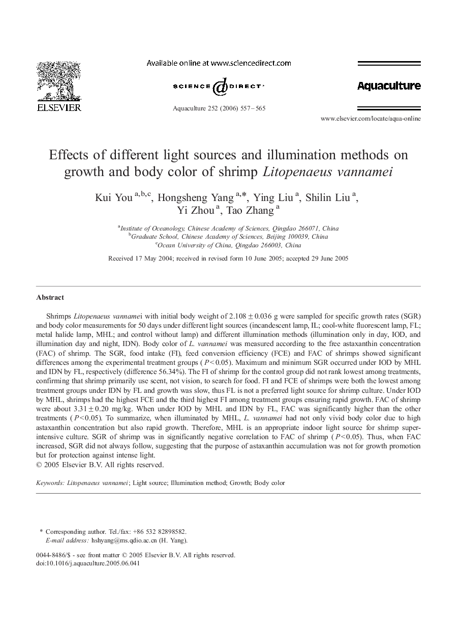 Effects of different light sources and illumination methods on growth and body color of shrimp Litopenaeus vannamei