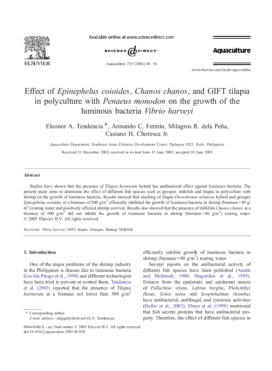 Effect of Epinephelus coioides, Chanos chanos, and GIFT tilapia in polyculture with Penaeus monodon on the growth of the luminous bacteria Vibrio harveyi