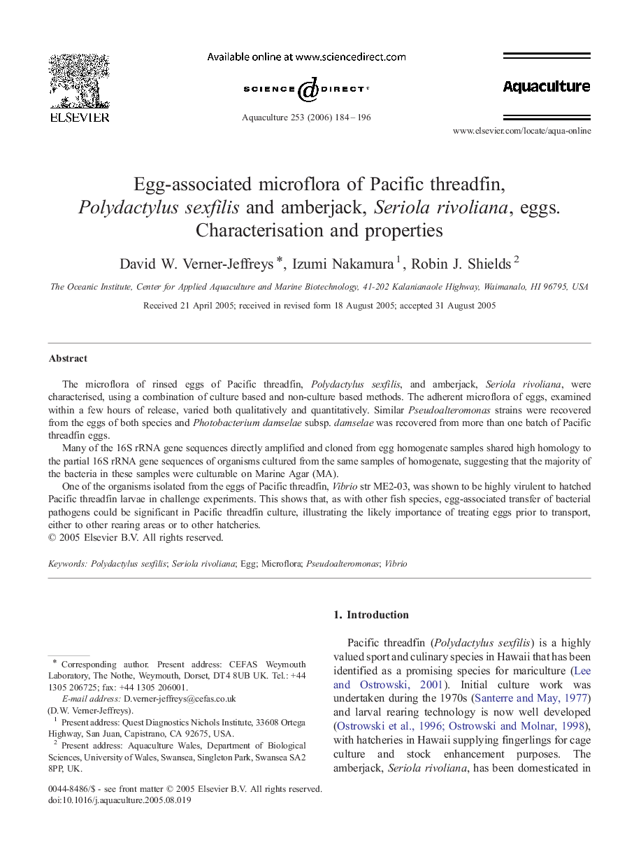 Egg-associated microflora of Pacific threadfin, Polydactylus sexfilis and amberjack, Seriola rivoliana, eggs. Characterisation and properties