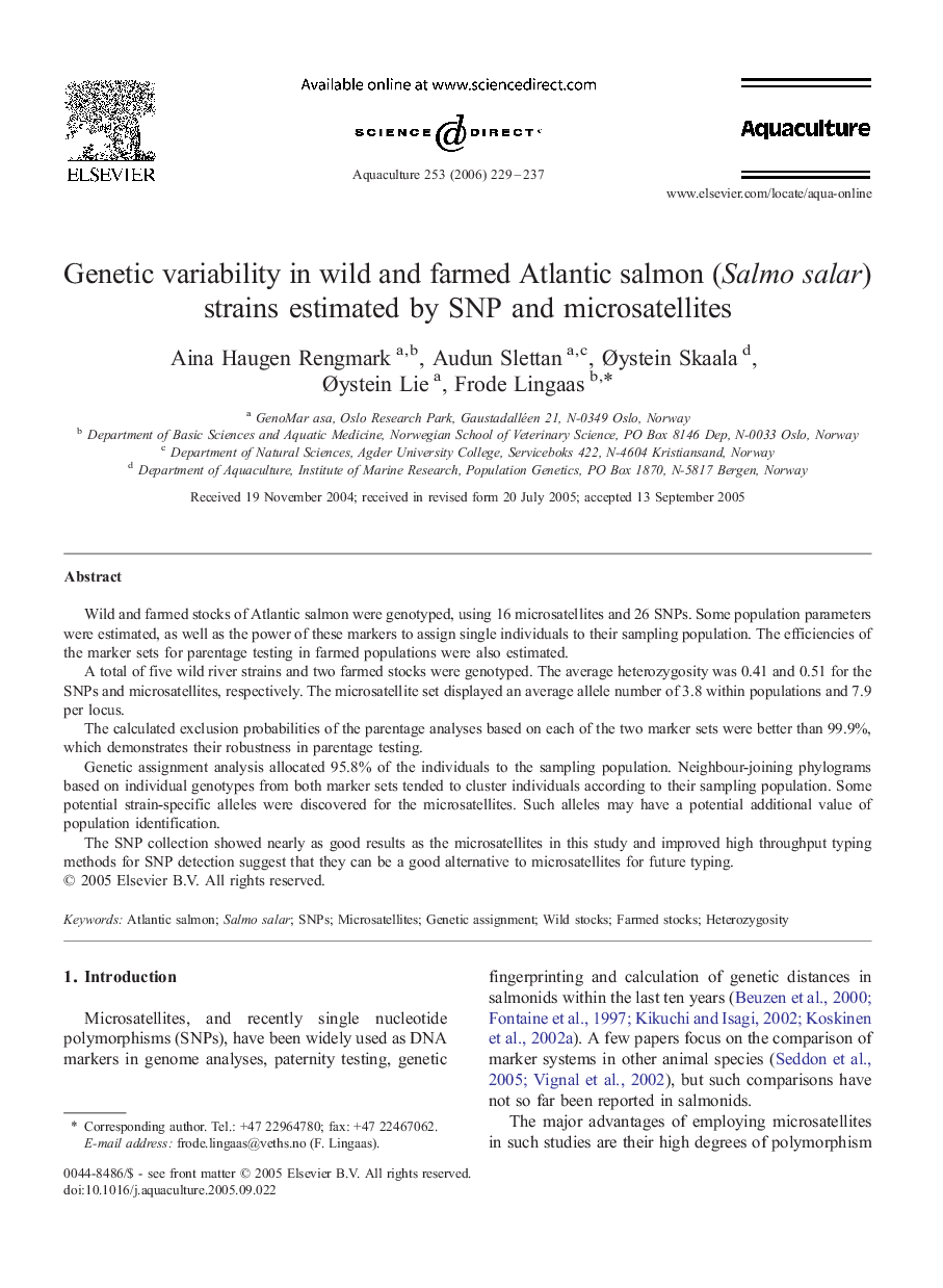 Genetic variability in wild and farmed Atlantic salmon (Salmo salar) strains estimated by SNP and microsatellites