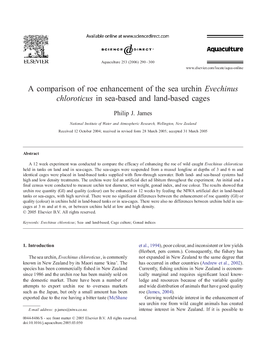 A comparison of roe enhancement of the sea urchin Evechinus chloroticus in sea-based and land-based cages