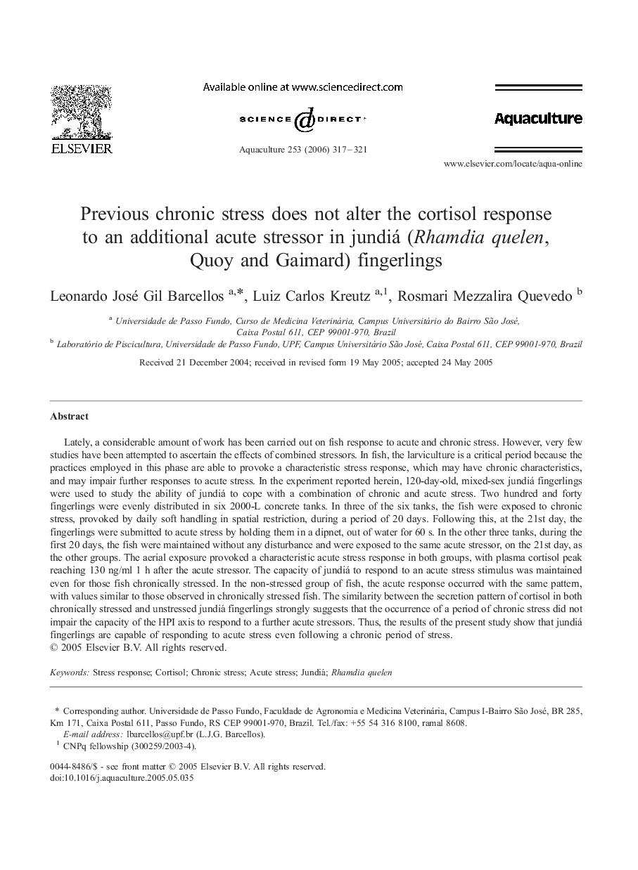 Previous chronic stress does not alter the cortisol response to an additional acute stressor in jundiá (Rhamdia quelen, Quoy and Gaimard) fingerlings