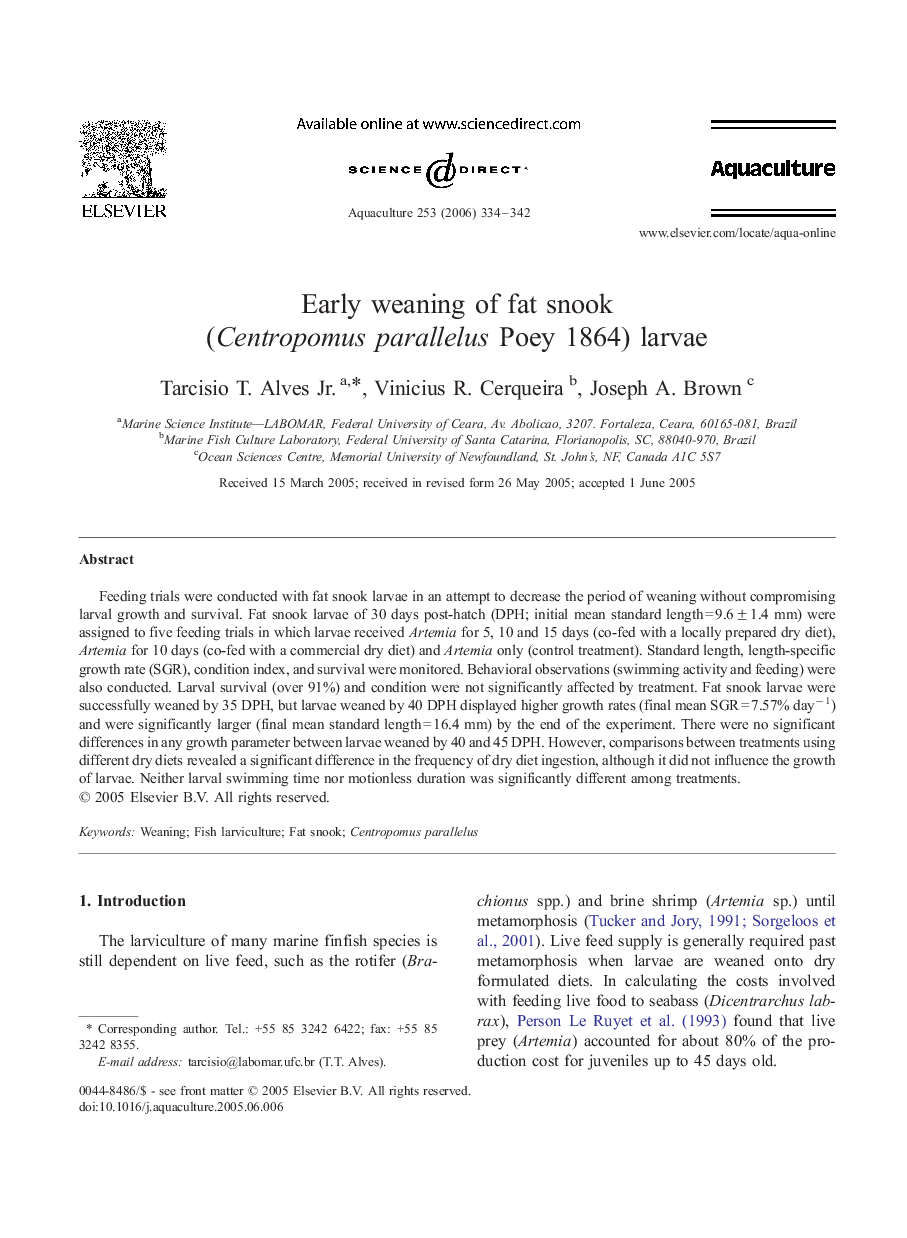 Early weaning of fat snook (Centropomus parallelus Poey 1864) larvae