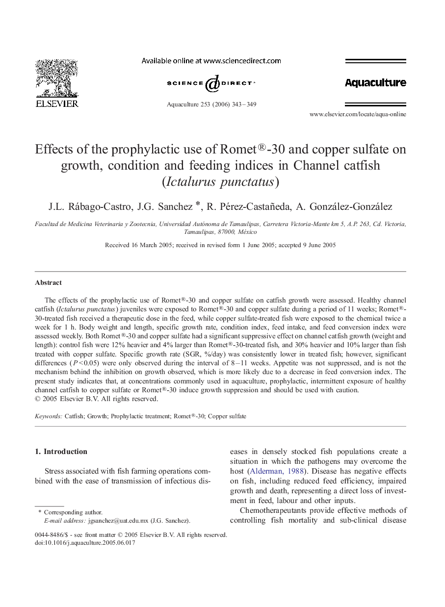 Effects of the prophylactic use of Romet®-30 and copper sulfate on growth, condition and feeding indices in Channel catfish (Ictalurus punctatus)