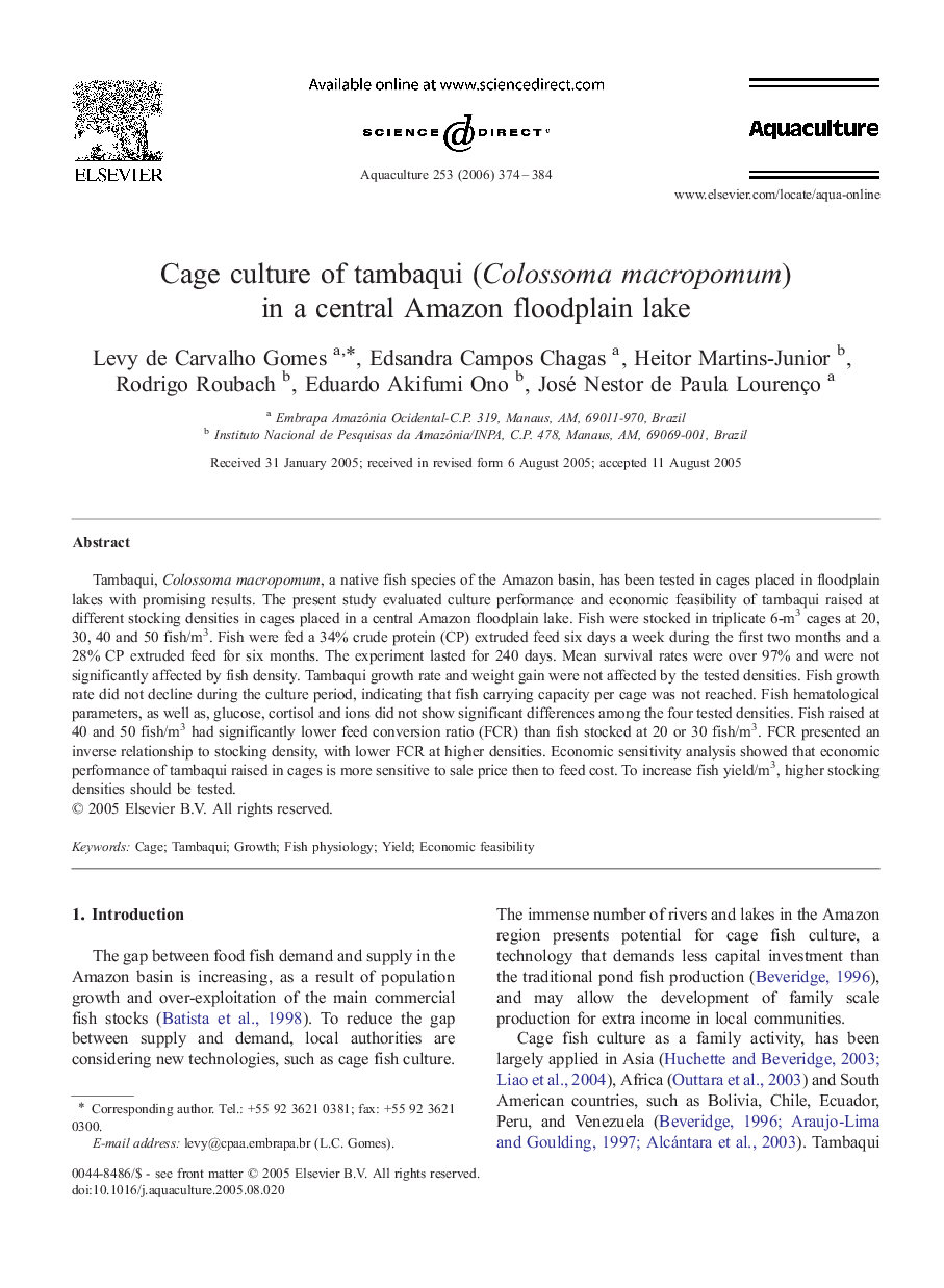 Cage culture of tambaqui (Colossoma macropomum) in a central Amazon floodplain lake