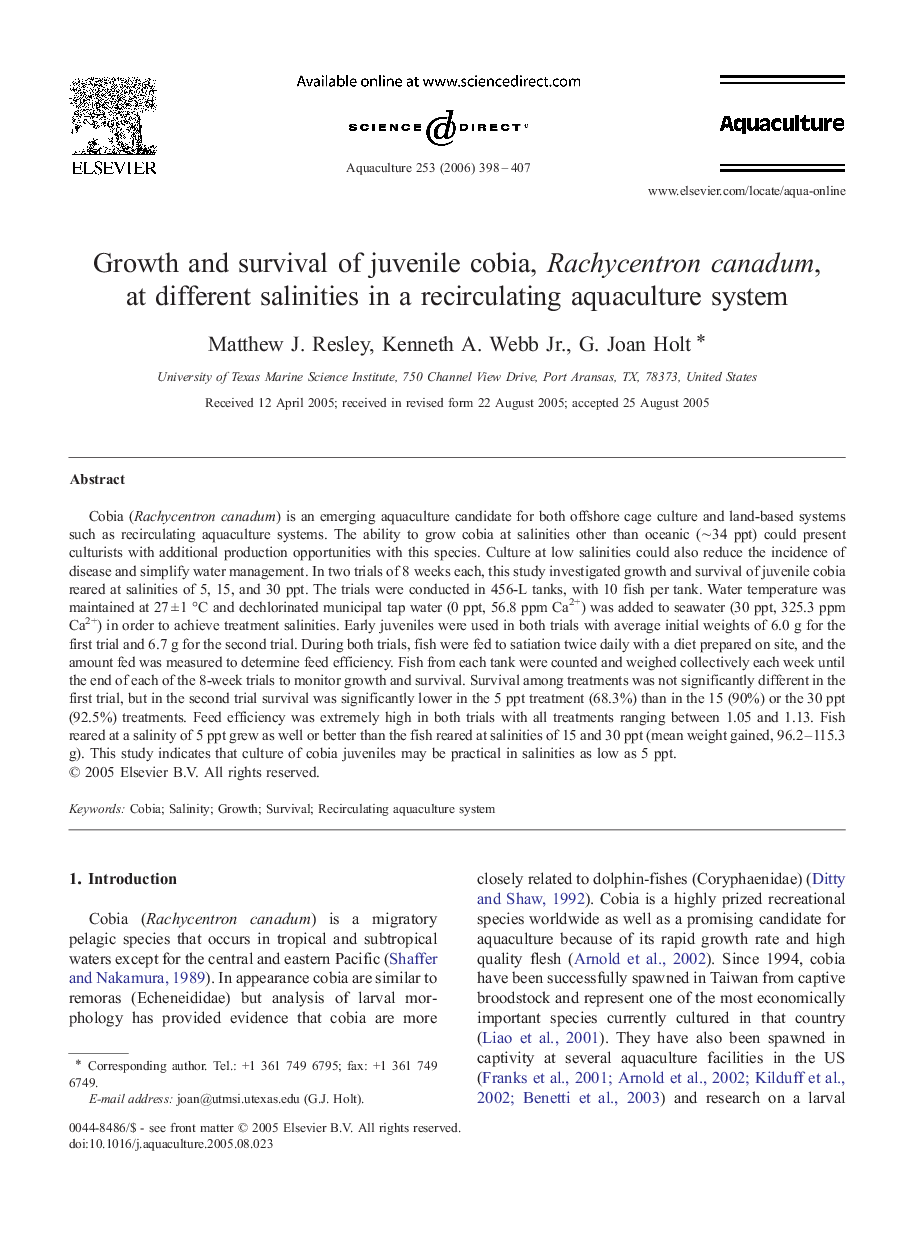 Growth and survival of juvenile cobia, Rachycentron canadum, at different salinities in a recirculating aquaculture system