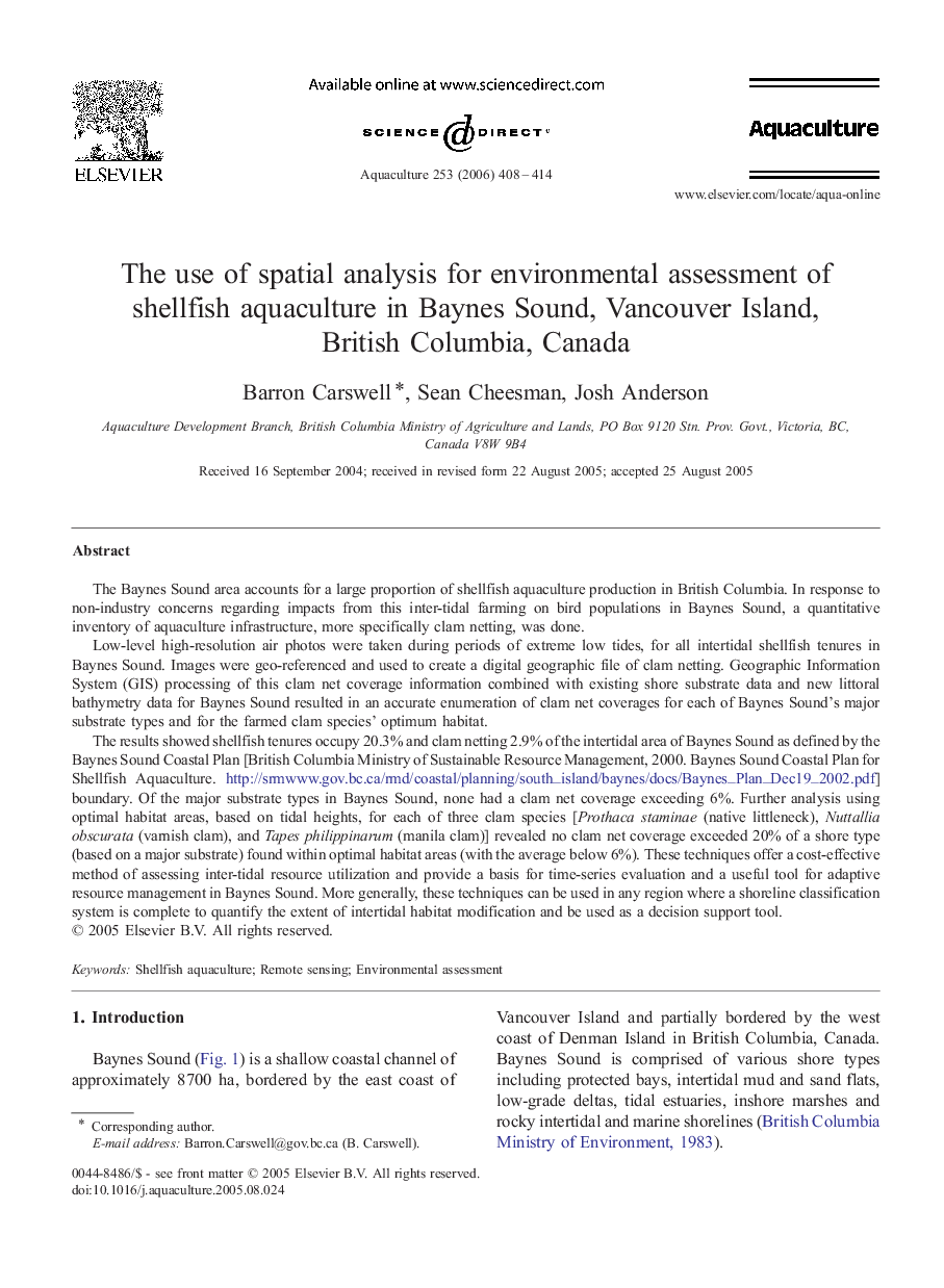 The use of spatial analysis for environmental assessment of shellfish aquaculture in Baynes Sound, Vancouver Island, British Columbia, Canada