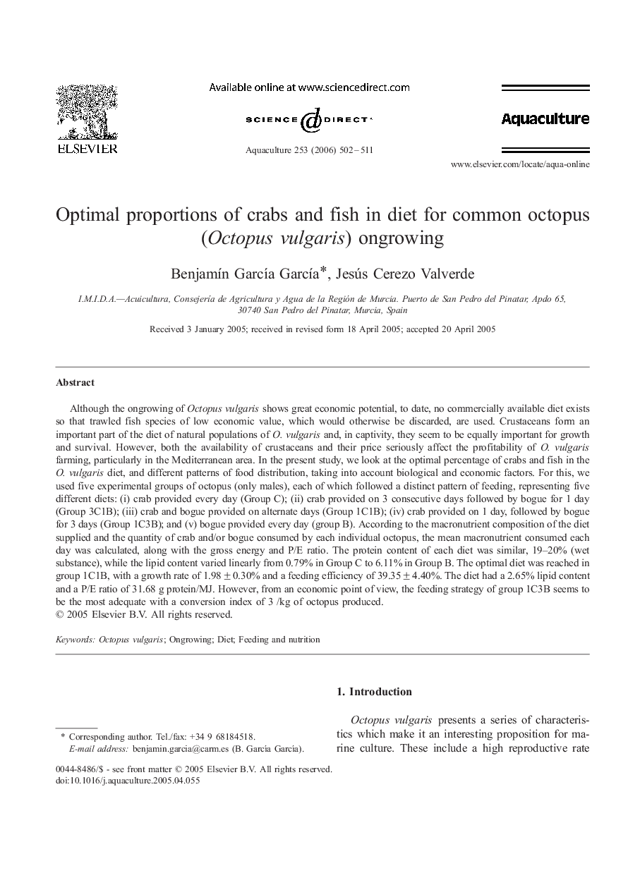 Optimal proportions of crabs and fish in diet for common octopus (Octopus vulgaris) ongrowing