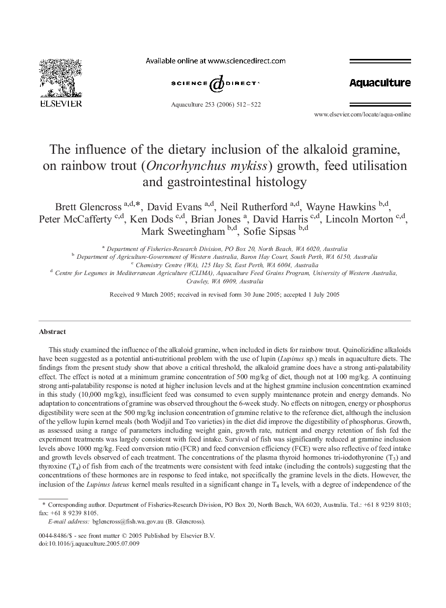 The influence of the dietary inclusion of the alkaloid gramine, on rainbow trout (Oncorhynchus mykiss) growth, feed utilisation and gastrointestinal histology