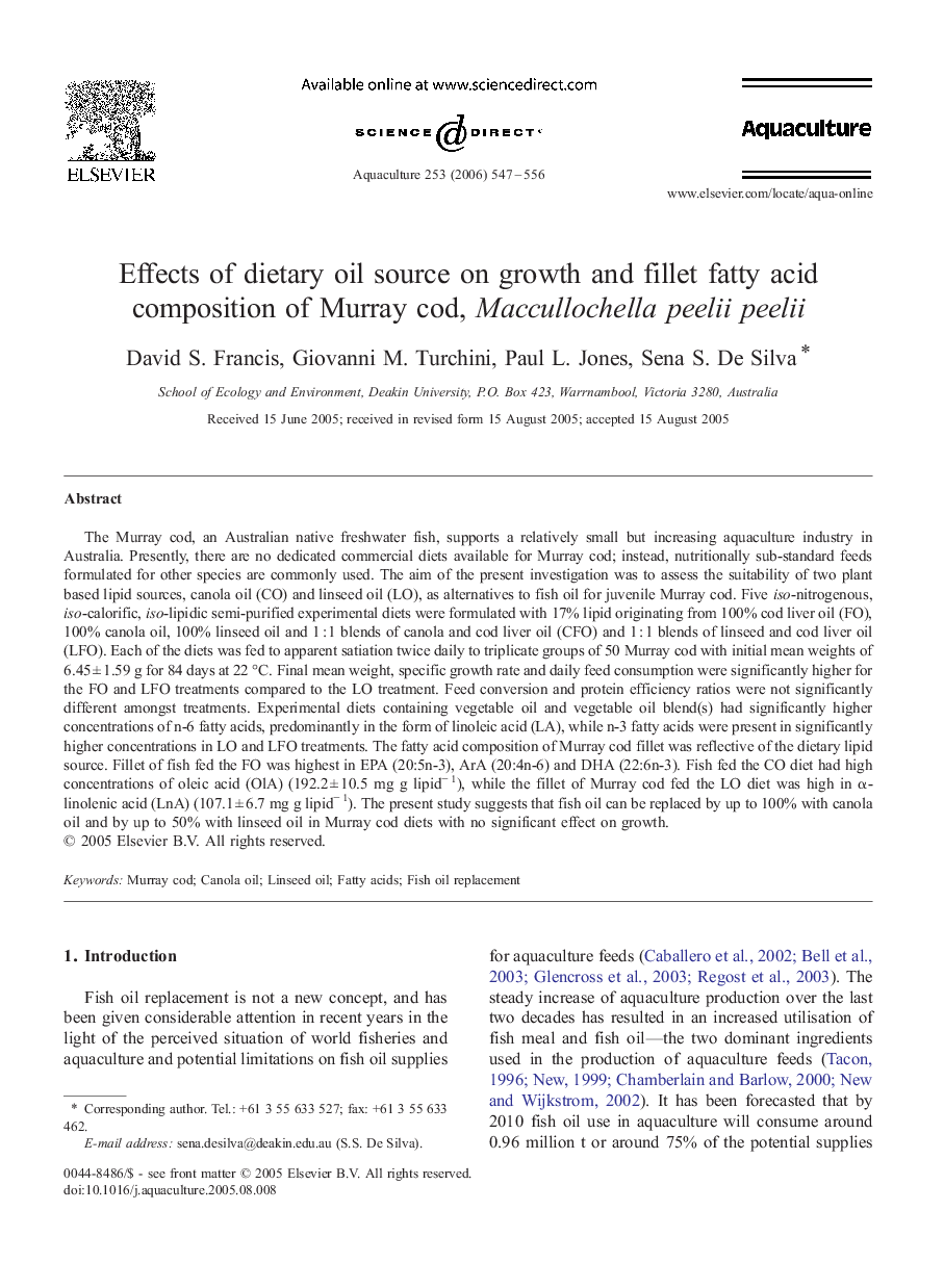 Effects of dietary oil source on growth and fillet fatty acid composition of Murray cod, Maccullochella peelii peelii