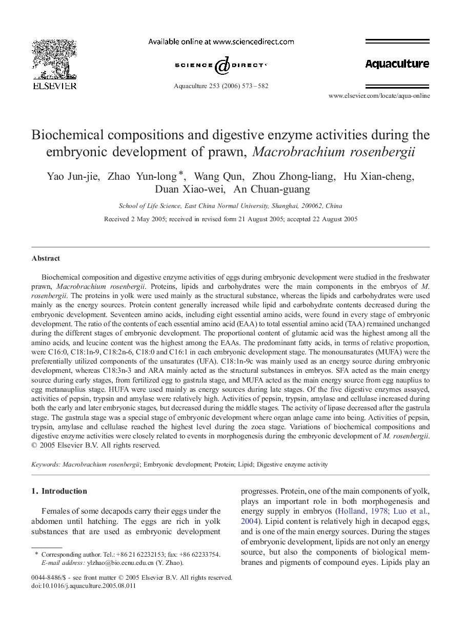 Biochemical compositions and digestive enzyme activities during the embryonic development of prawn, Macrobrachium rosenbergii