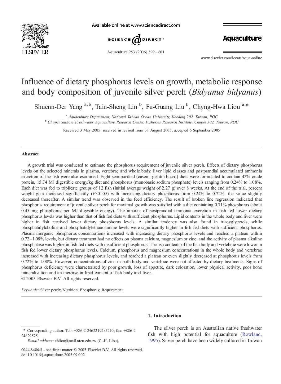 Influence of dietary phosphorus levels on growth, metabolic response and body composition of juvenile silver perch (Bidyanus bidyanus)
