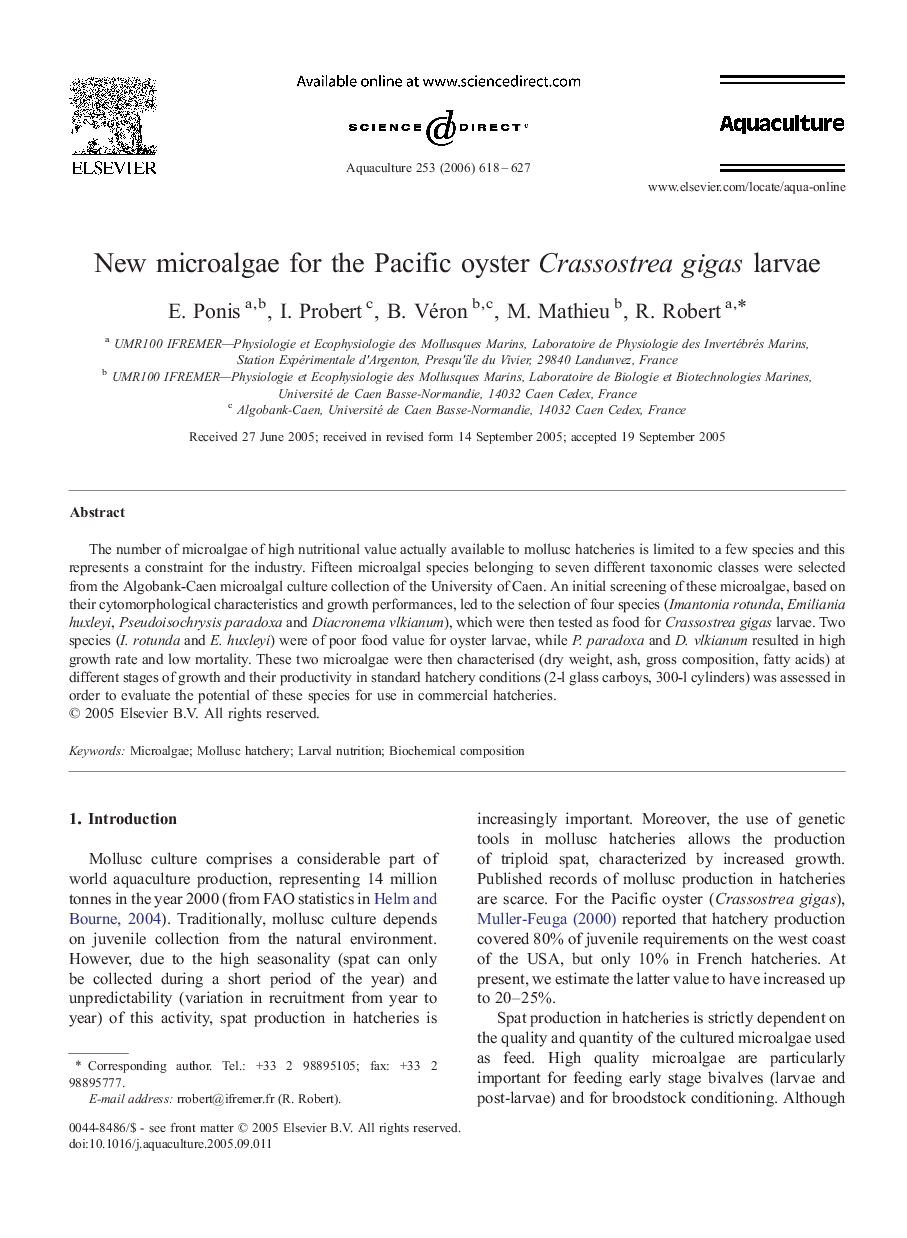 New microalgae for the Pacific oyster Crassostrea gigas larvae