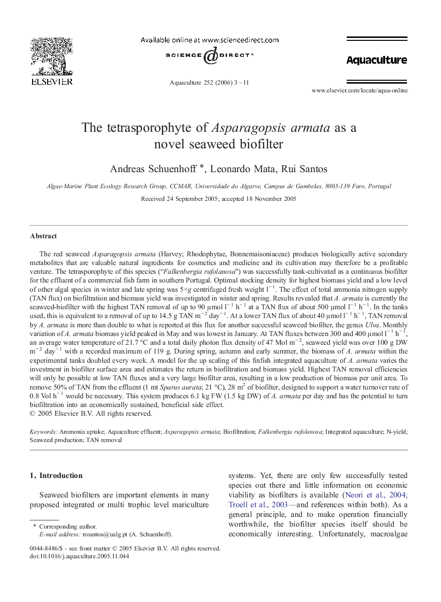 The tetrasporophyte of Asparagopsis armata as a novel seaweed biofilter