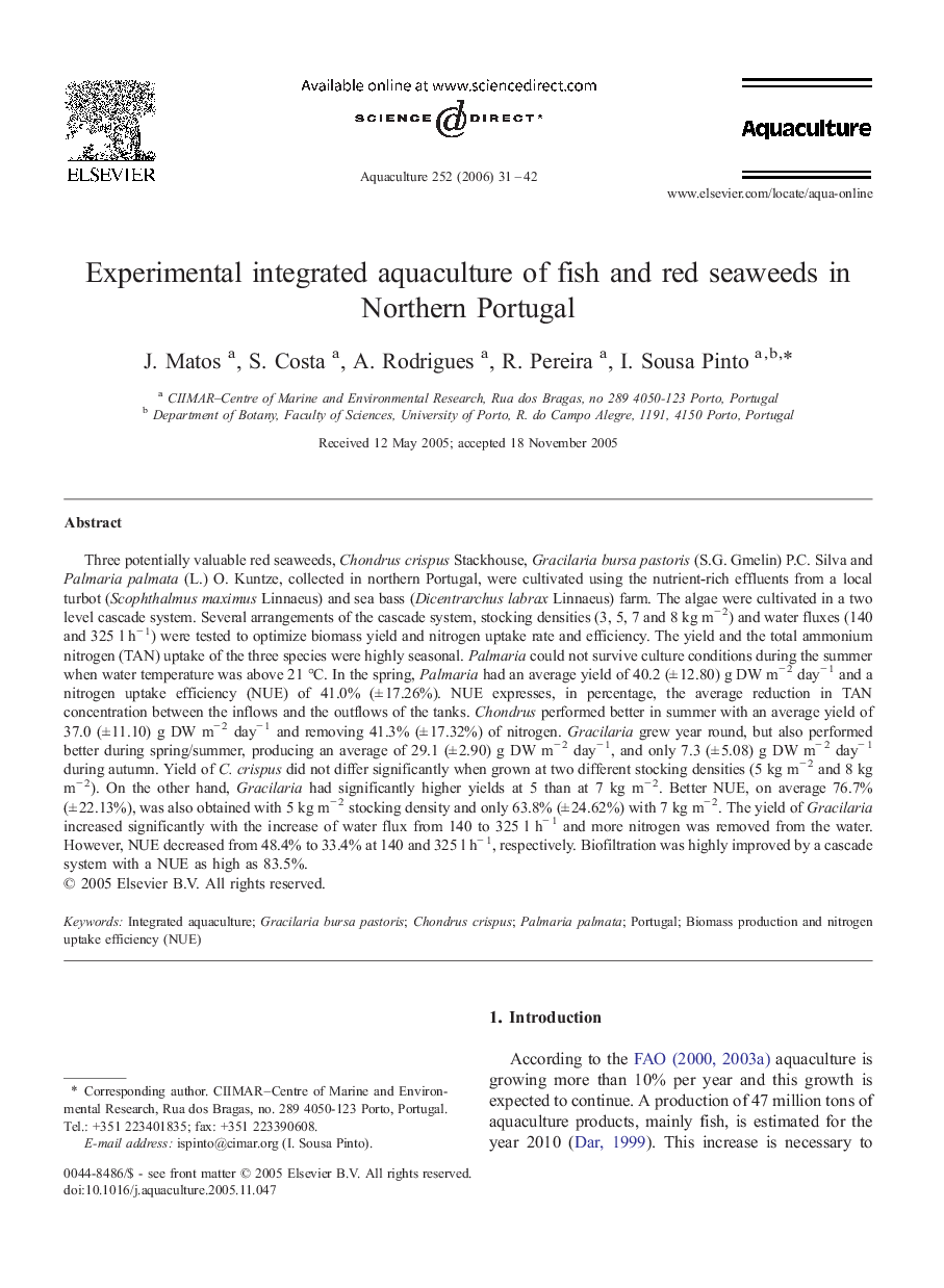 Experimental integrated aquaculture of fish and red seaweeds in Northern Portugal