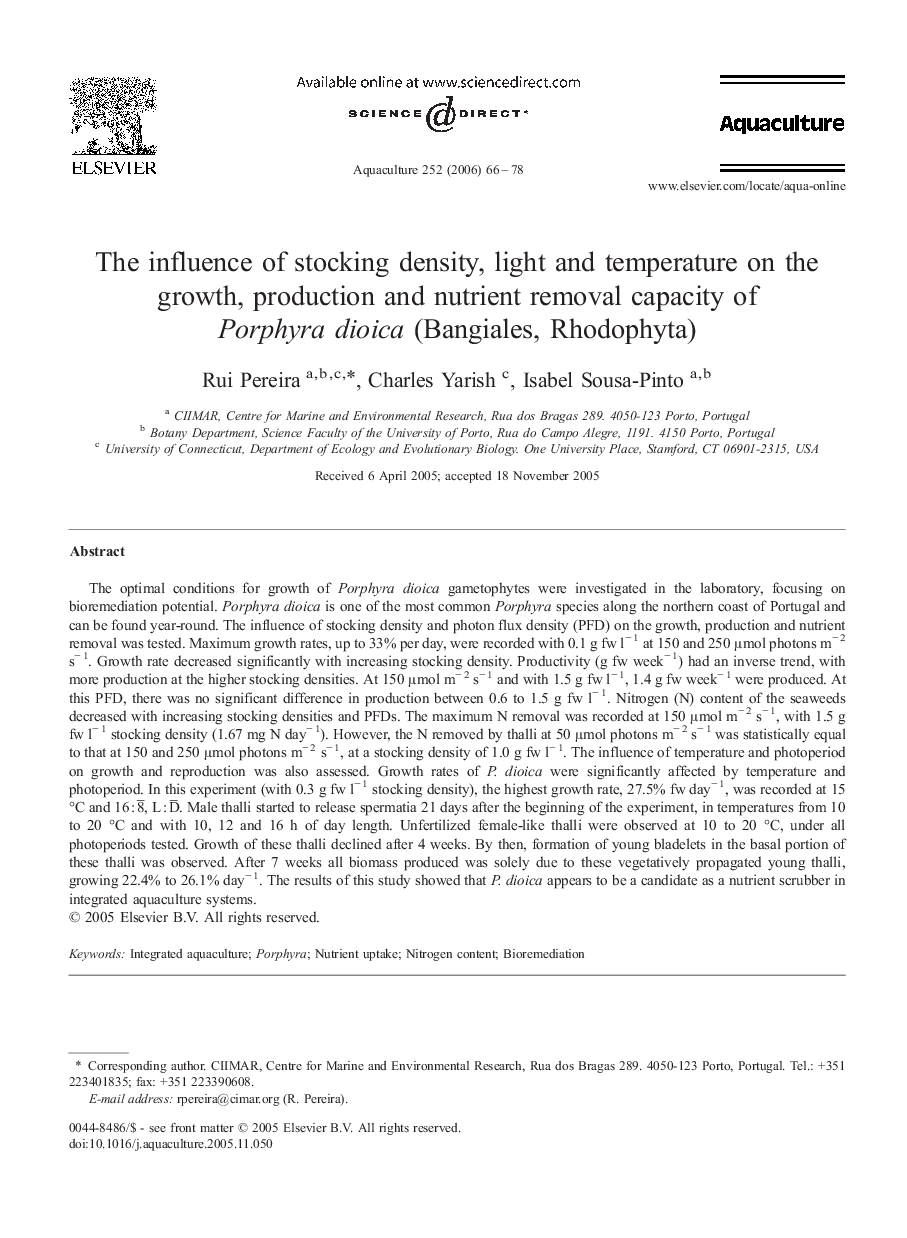 The influence of stocking density, light and temperature on the growth, production and nutrient removal capacity of Porphyra dioica (Bangiales, Rhodophyta)