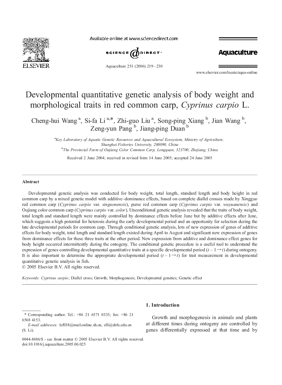 Developmental quantitative genetic analysis of body weight and morphological traits in red common carp, Cyprinus carpio L.