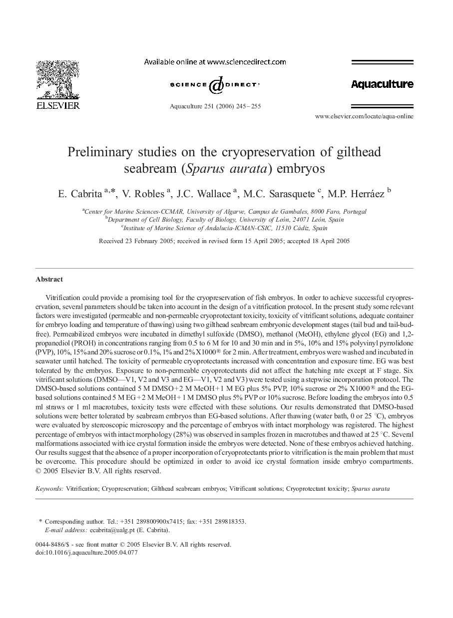 Preliminary studies on the cryopreservation of gilthead seabream (Sparus aurata) embryos