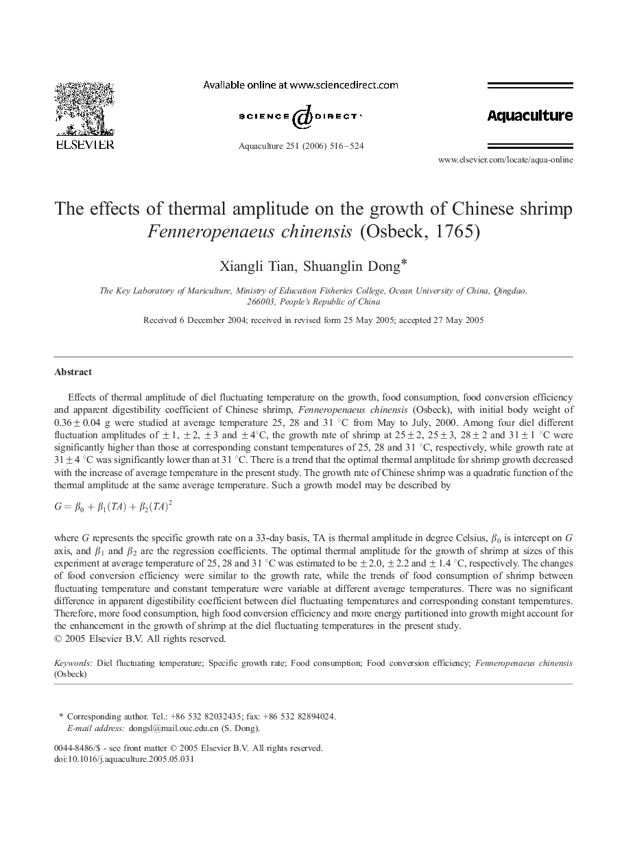 The effects of thermal amplitude on the growth of Chinese shrimp Fenneropenaeus chinensis (Osbeck, 1765)