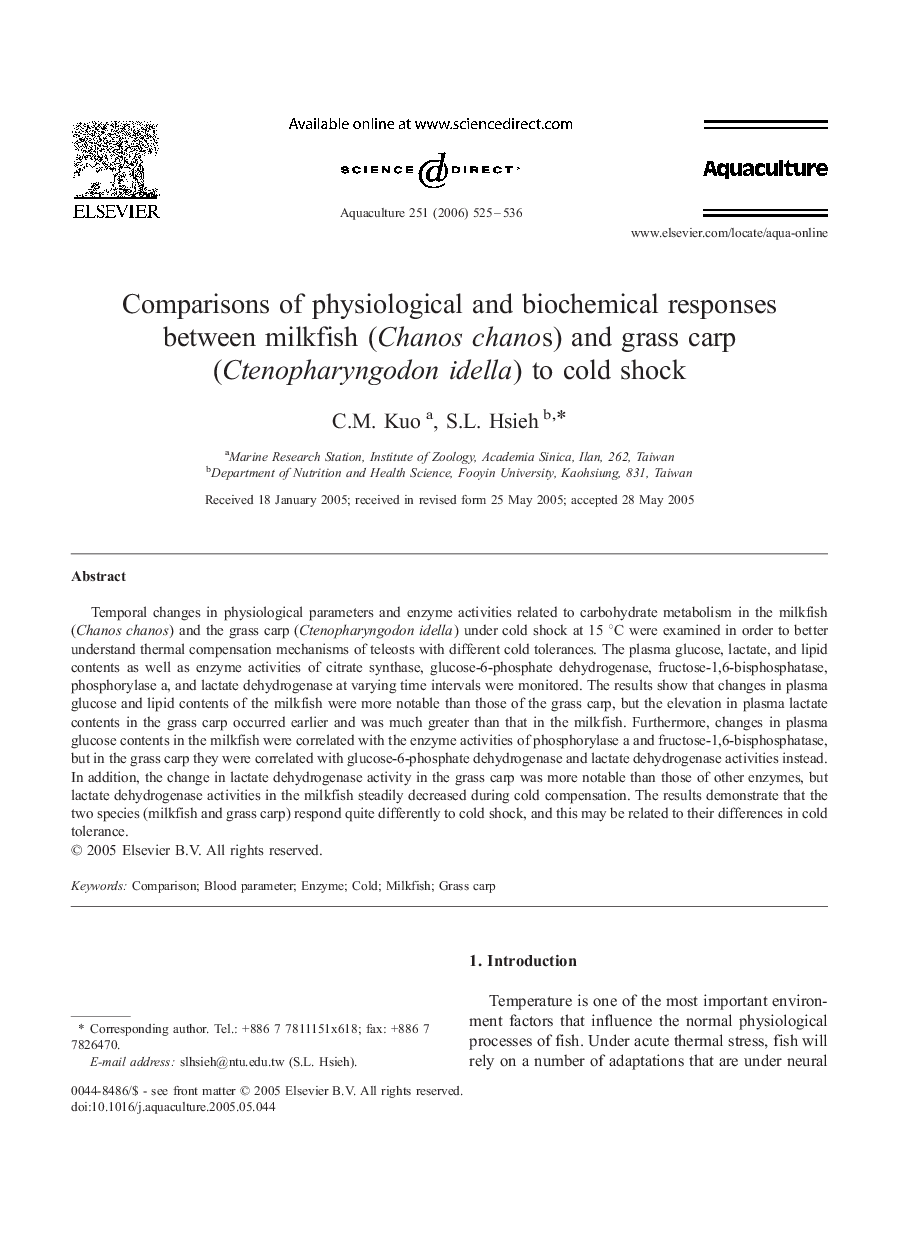Comparisons of physiological and biochemical responses between milkfish (Chanos chanos) and grass carp (Ctenopharyngodon idella) to cold shock