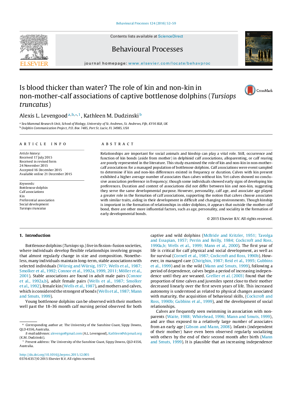 Is blood thicker than water? The role of kin and non-kin in non-mother-calf associations of captive bottlenose dolphins (Tursiops truncatus)