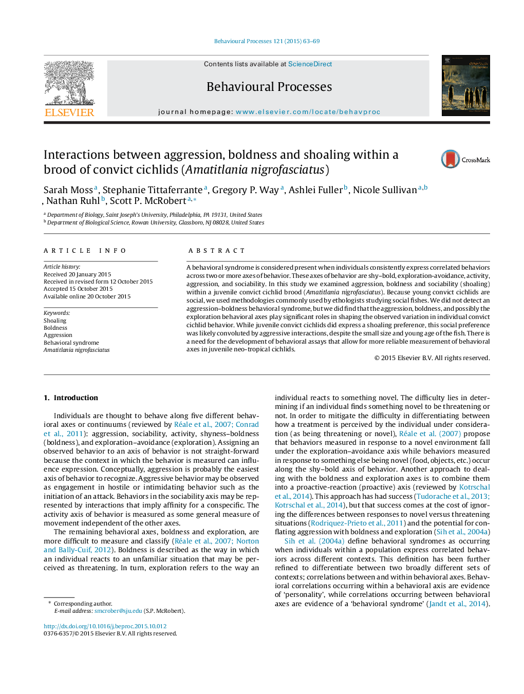 Interactions between aggression, boldness and shoaling within a brood of convict cichlids (Amatitlania nigrofasciatus)