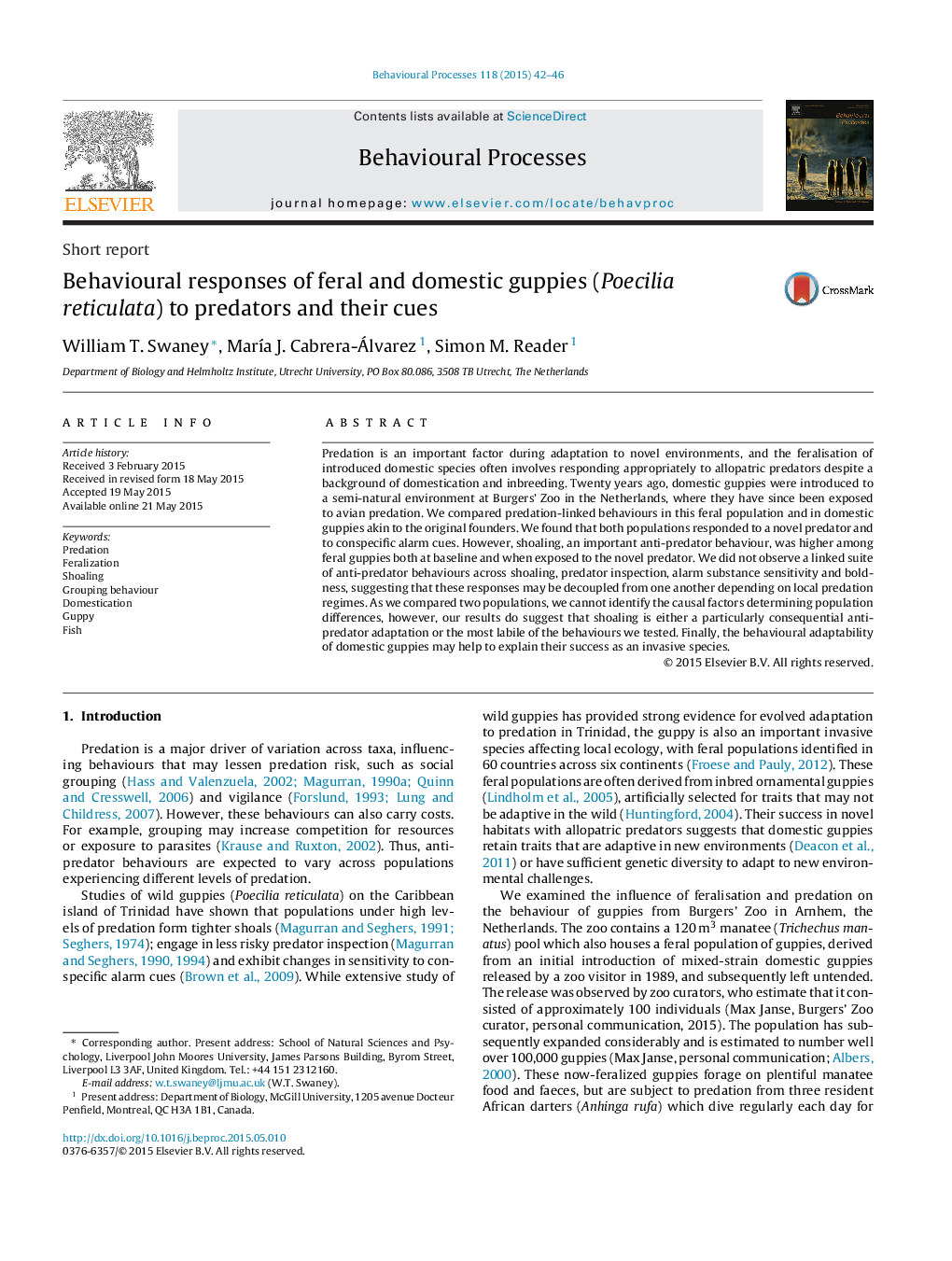 Behavioural responses of feral and domestic guppies (Poecilia reticulata) to predators and their cues