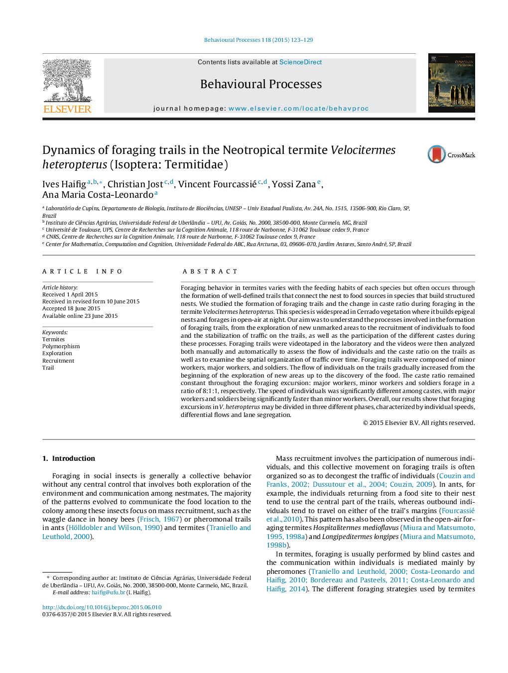 Dynamics of foraging trails in the Neotropical termite Velocitermes heteropterus (Isoptera: Termitidae)