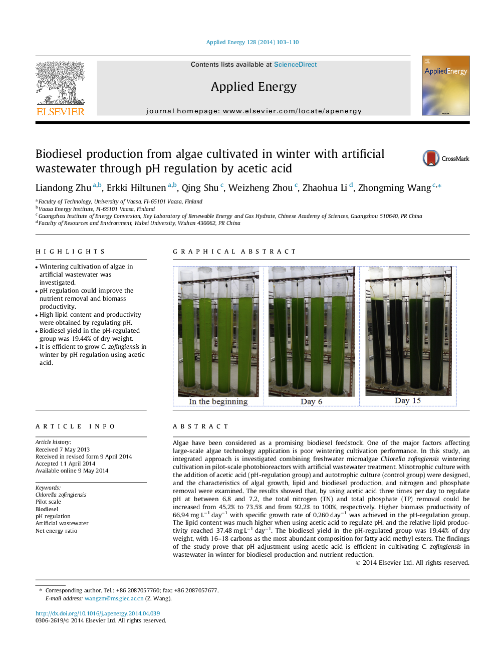 Biodiesel production from algae cultivated in winter with artificial wastewater through pH regulation by acetic acid