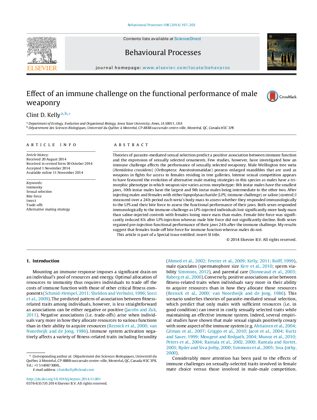 Effect of an immune challenge on the functional performance of male weaponry