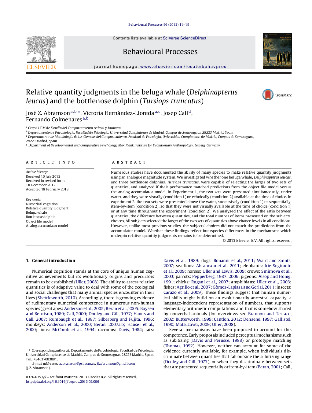 Relative quantity judgments in the beluga whale (Delphinapterus leucas) and the bottlenose dolphin (Tursiops truncatus)