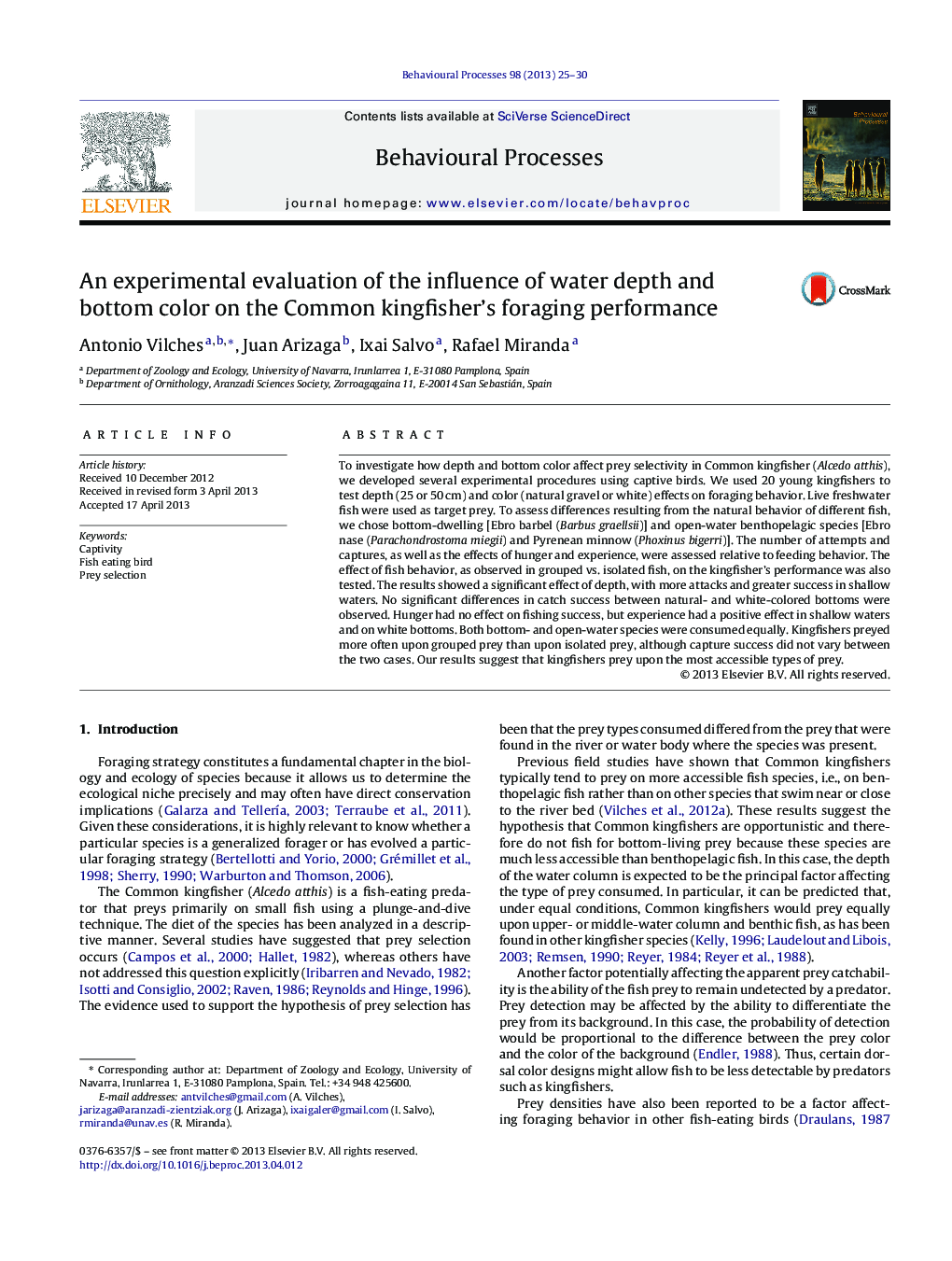 An experimental evaluation of the influence of water depth and bottom color on the Common kingfisher's foraging performance