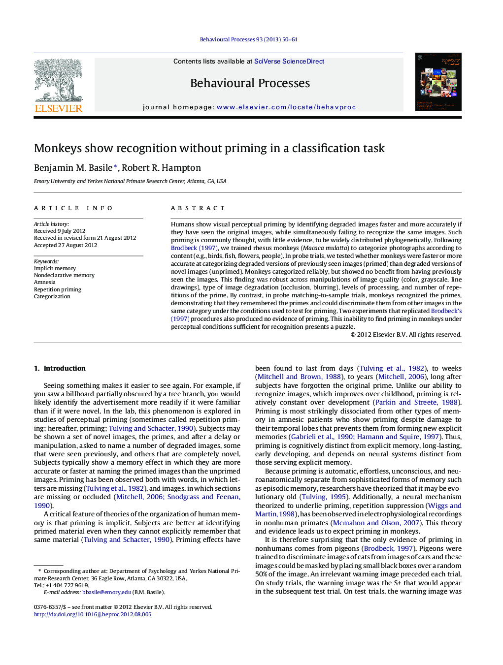 Monkeys show recognition without priming in a classification task