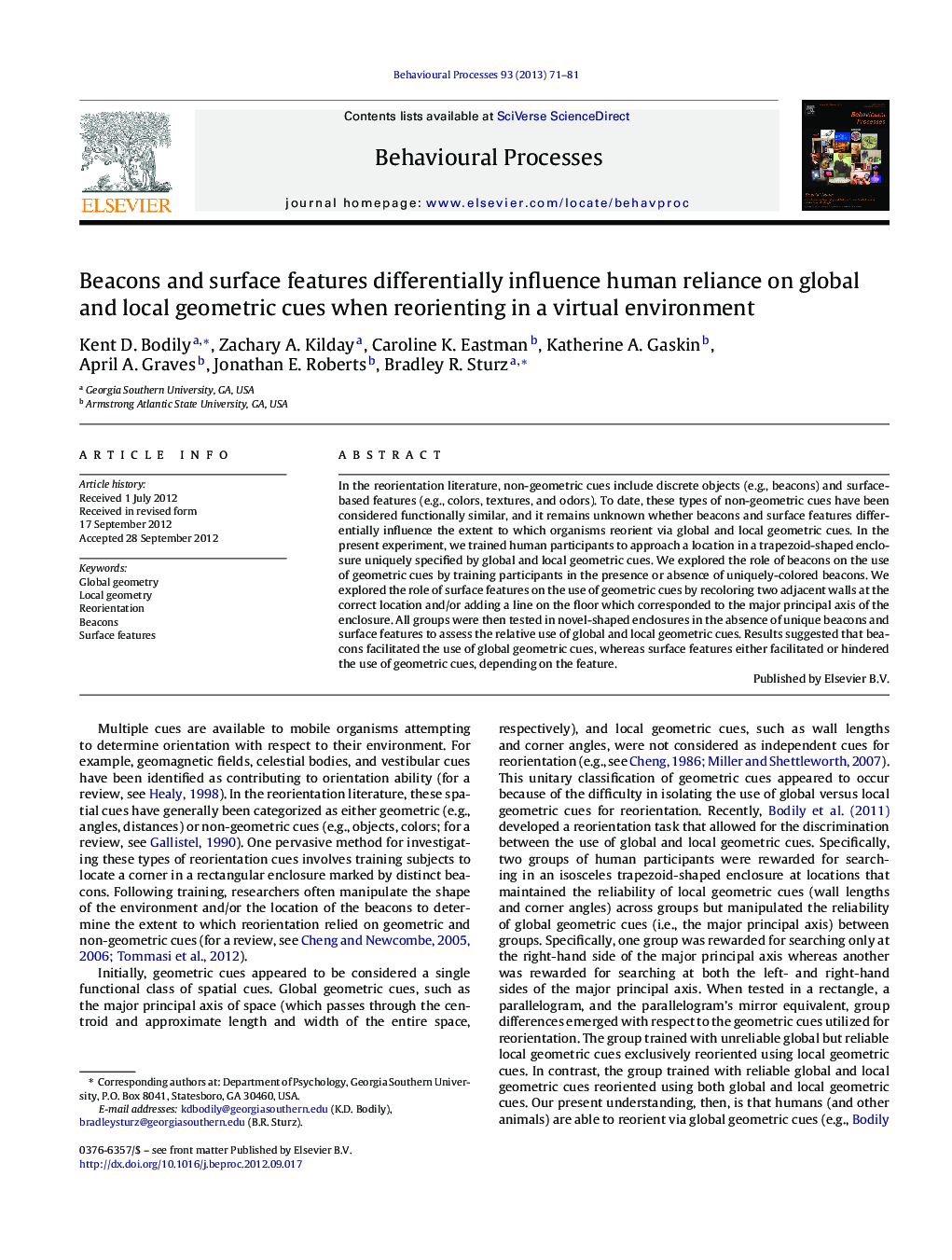 Beacons and surface features differentially influence human reliance on global and local geometric cues when reorienting in a virtual environment