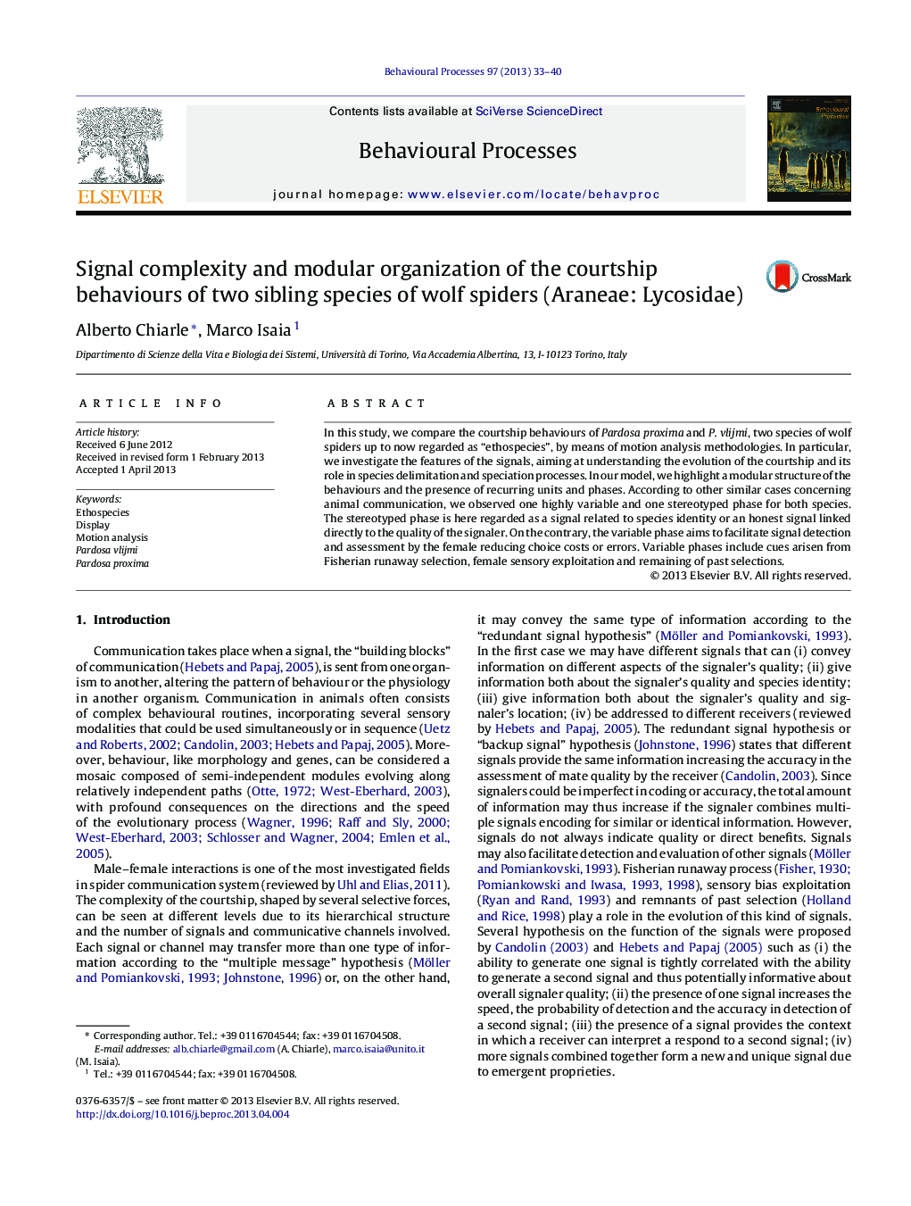 Signal complexity and modular organization of the courtship behaviours of two sibling species of wolf spiders (Araneae: Lycosidae)