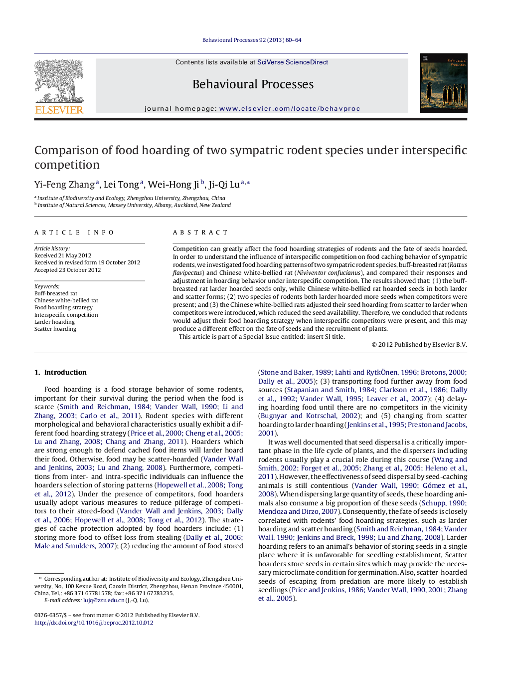 Comparison of food hoarding of two sympatric rodent species under interspecific competition