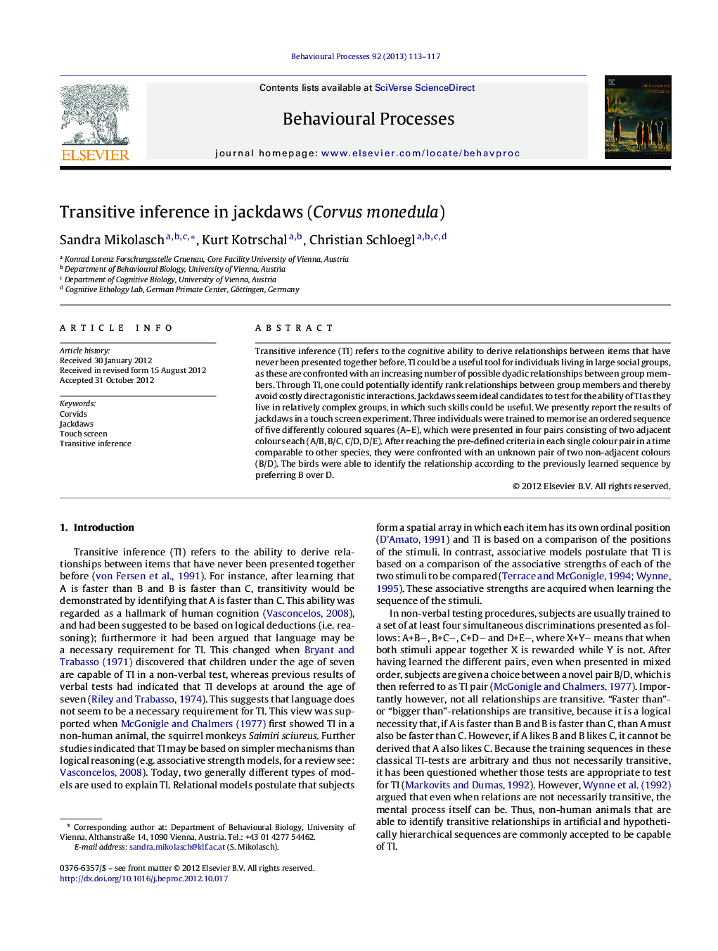 Transitive inference in jackdaws (Corvus monedula)