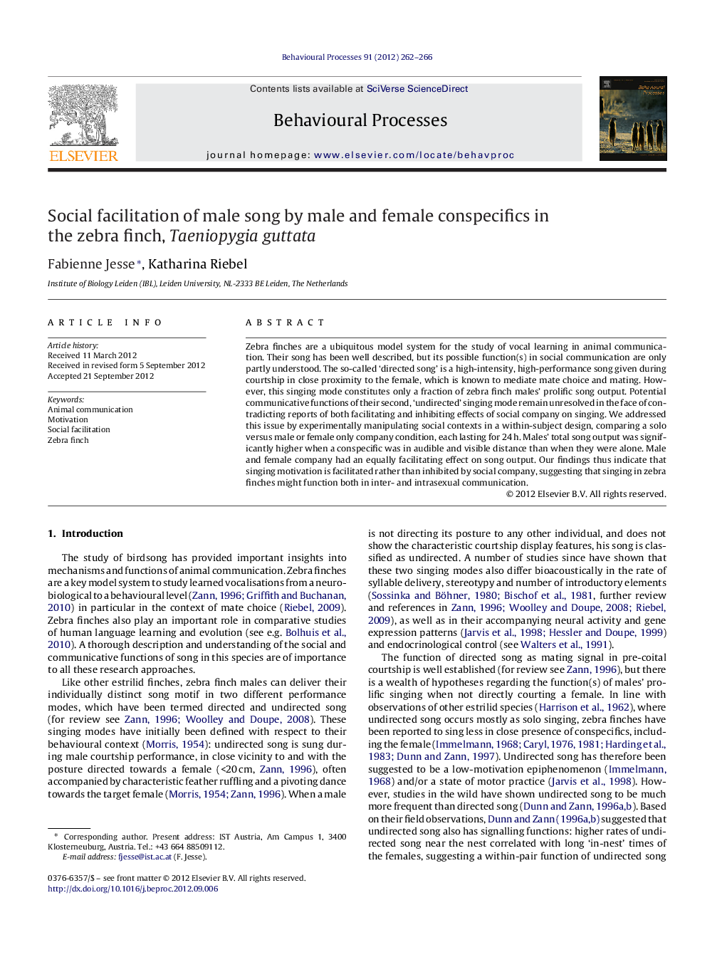 Social facilitation of male song by male and female conspecifics in the zebra finch, Taeniopygia guttata